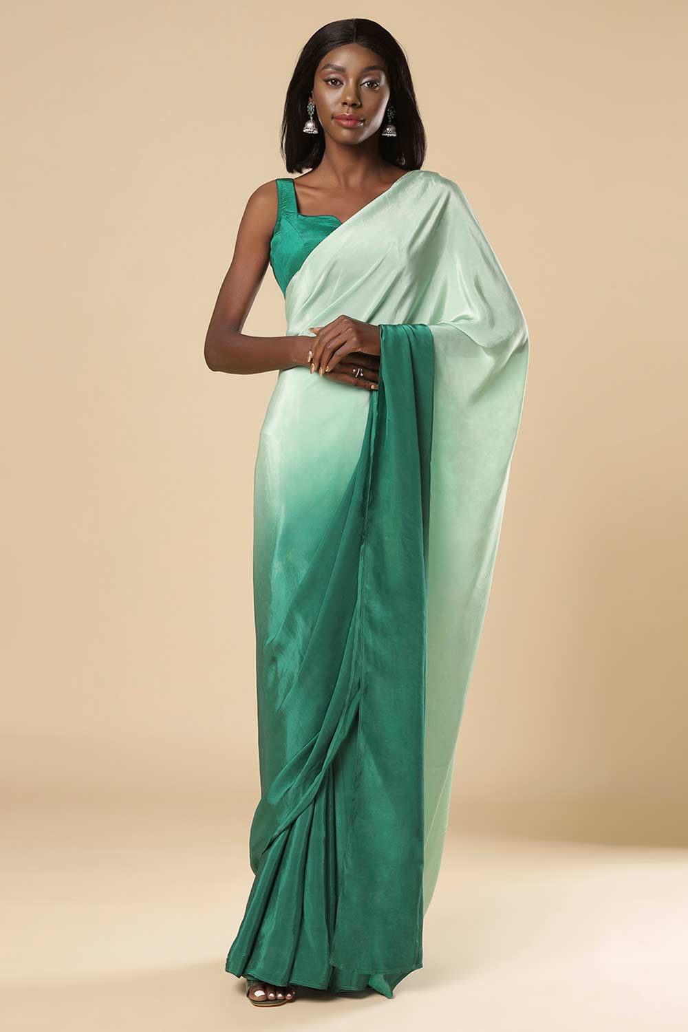 Cerah Green & Mint Ombre Satin Ready to Ship One Minute Saree