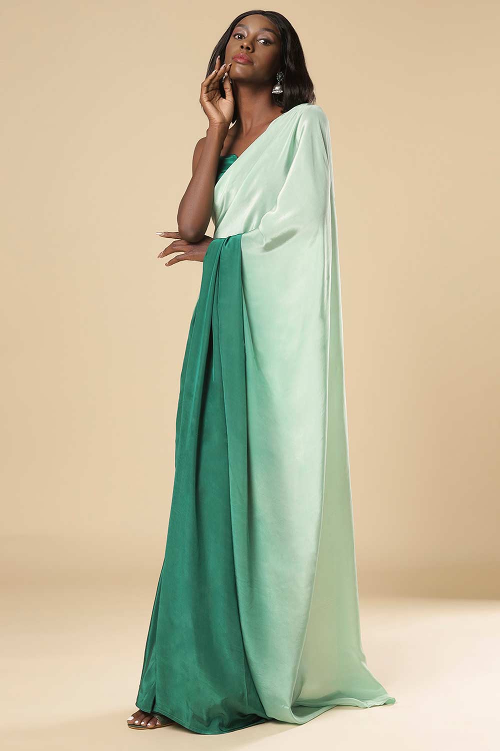 Cerah Green & Mint Ombre Satin Ready to Ship One Minute Saree