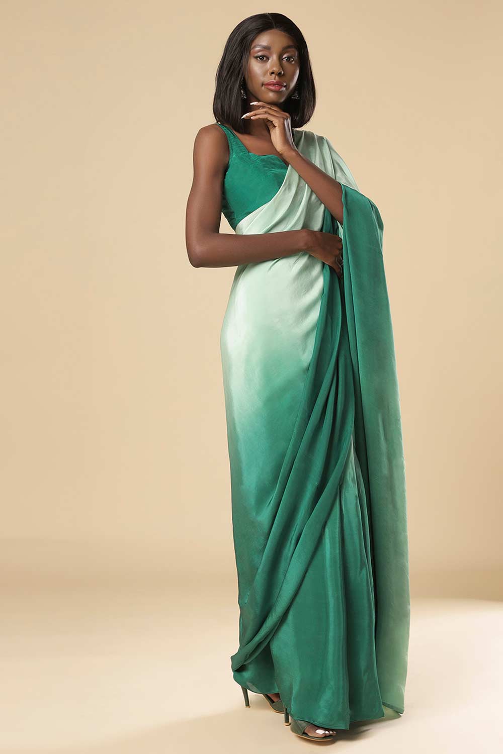 Cerah Green & Mint Ombre Satin One Minute Saree