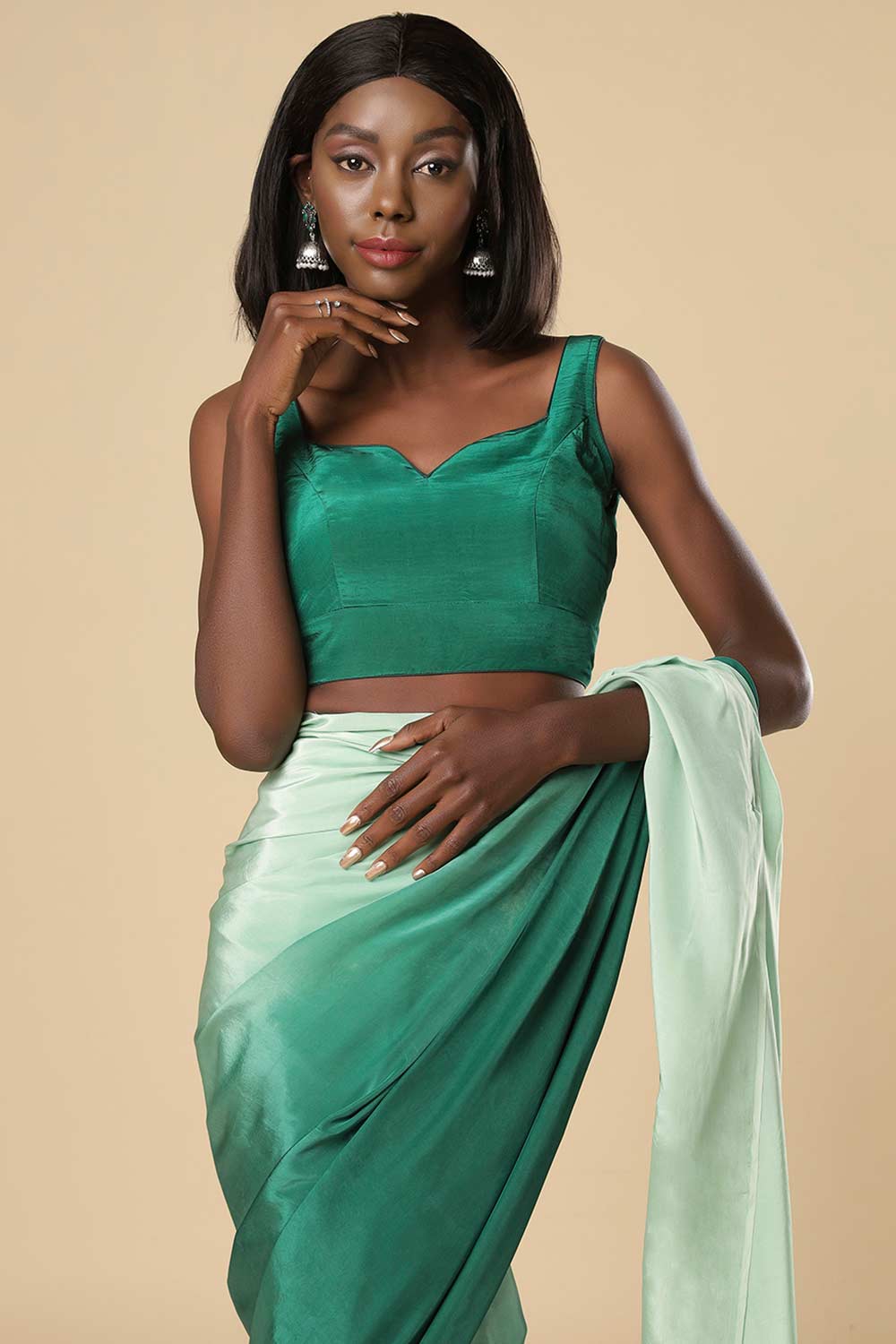 Cerah Green & Mint Ombre Satin One Minute Saree