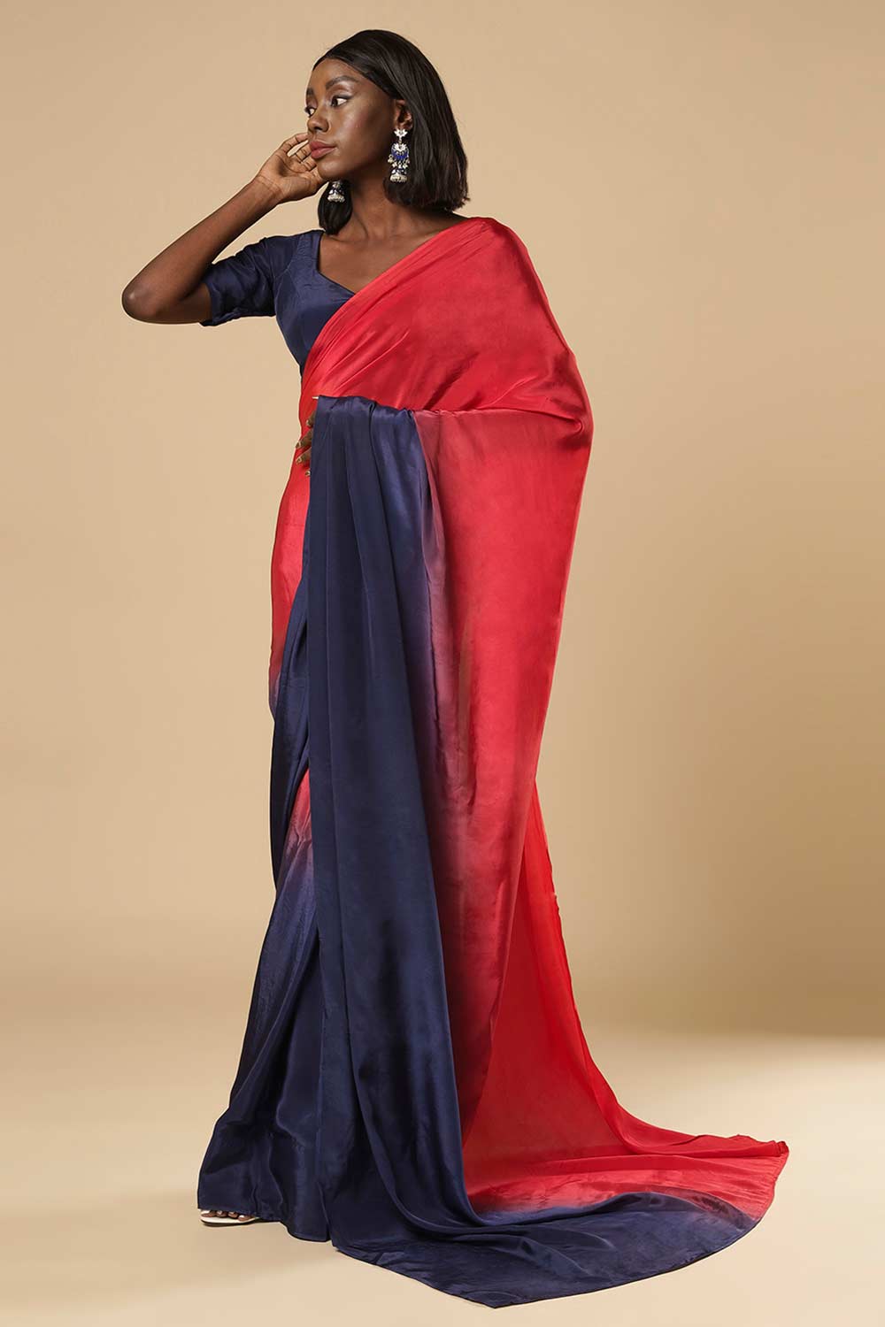 Mayleen Red & Blue Ombre Satin One Minute Saree