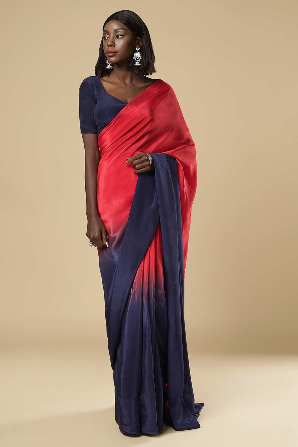 Mayleen Red & Blue Ombre Satin One Minute Saree
