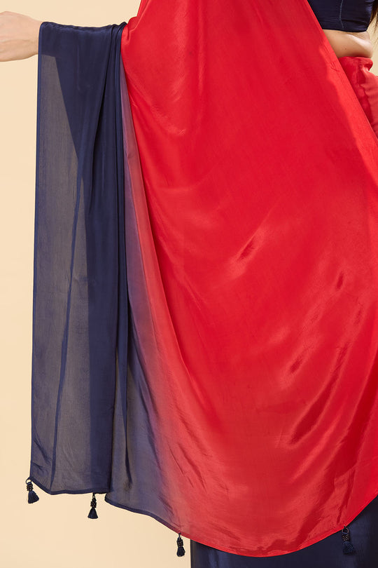 Mayleen Red & Blue Ombre Satin Crepe Ready to Wear Saree