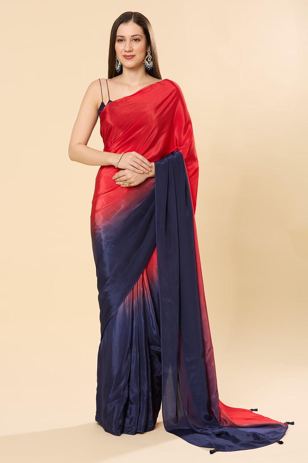 Mayleen Red & Blue Ombre Satin Crepe Ready to Wear Saree