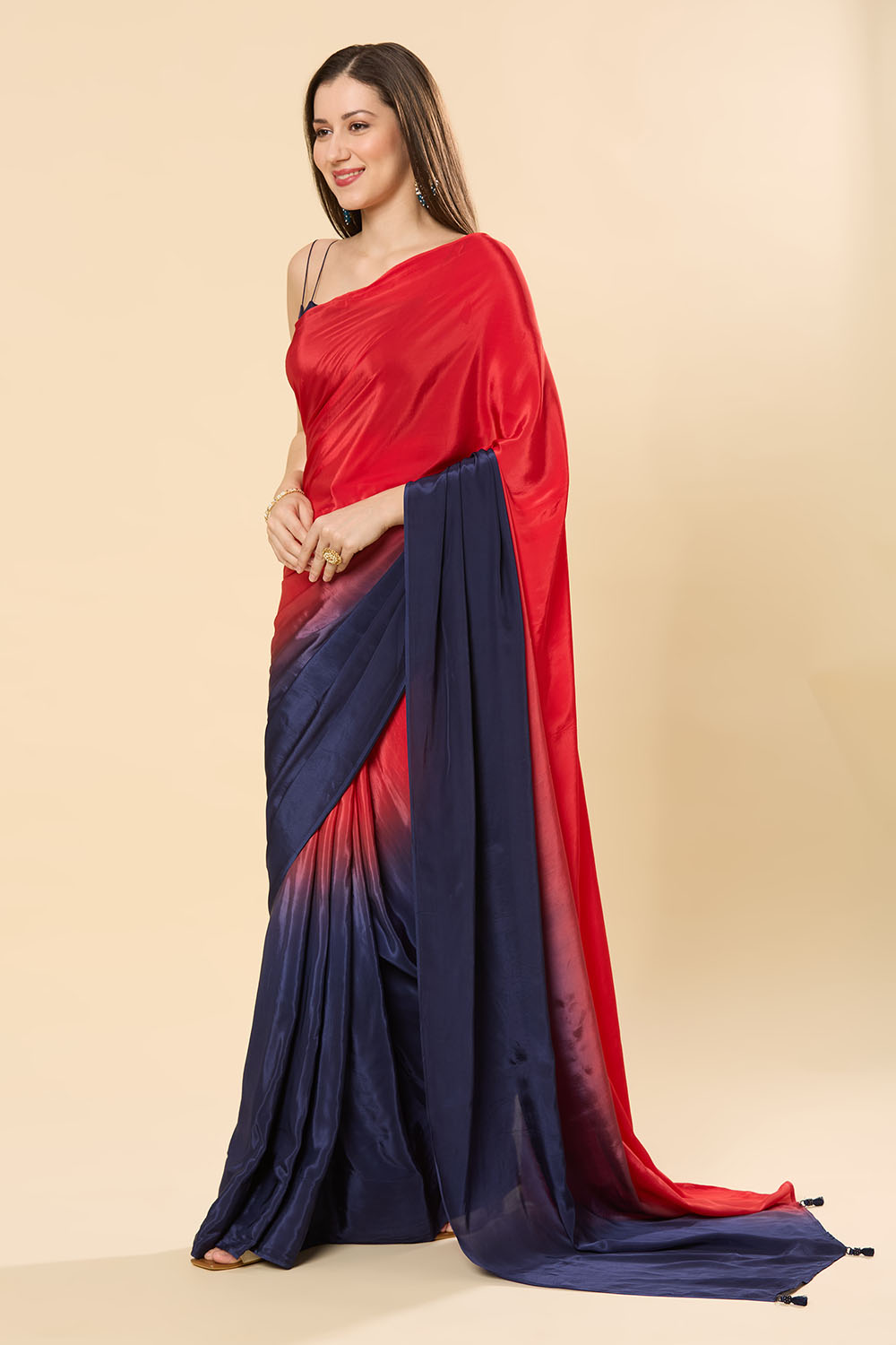 Mayleen Red & Blue Ombre Satin Crepe Ready to Wear Saree