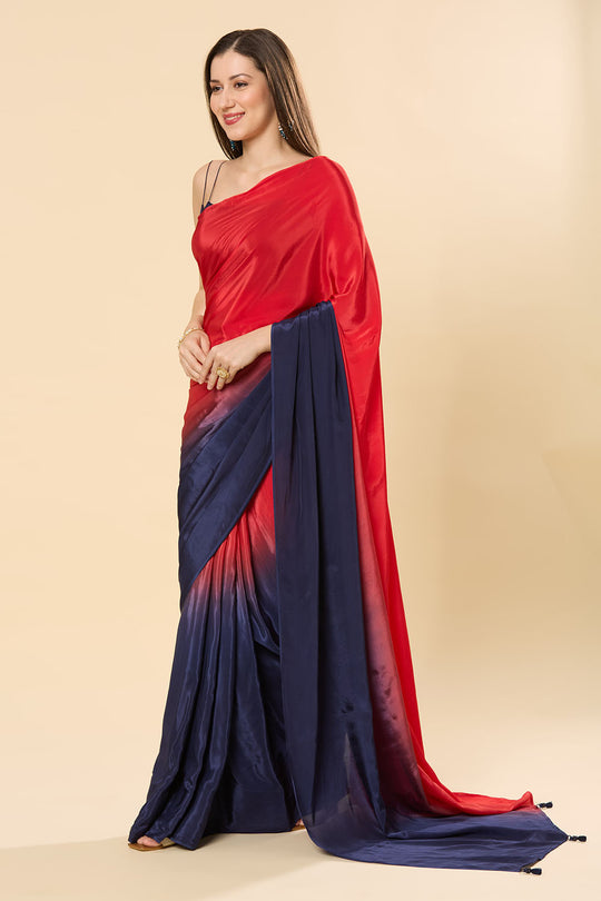 Mayleen Red & Blue Ombre Satin Crepe Ready to Wear Saree