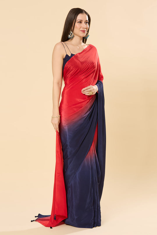 Mayleen Red & Blue Ombre Satin Crepe Ready to Wear Saree