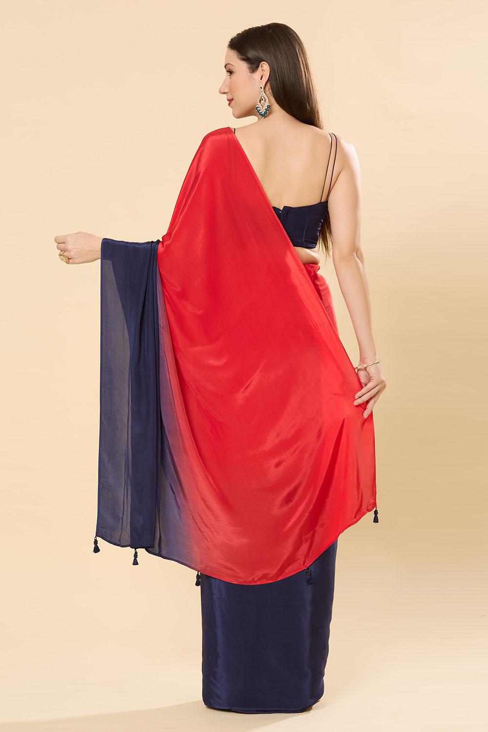 Mayleen Red & Blue Ombre Satin Crepe Ready to Wear Saree