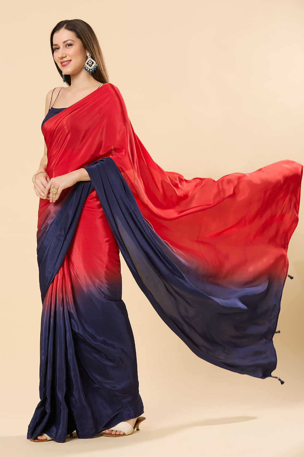 Mayleen Red & Blue Ombre Satin Crepe Ready to Wear Saree