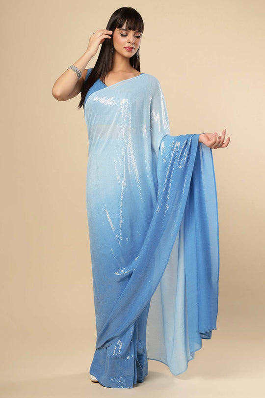 Elsie Blue Georgette Ombre Sequins Ready to Wear One Minute Saree