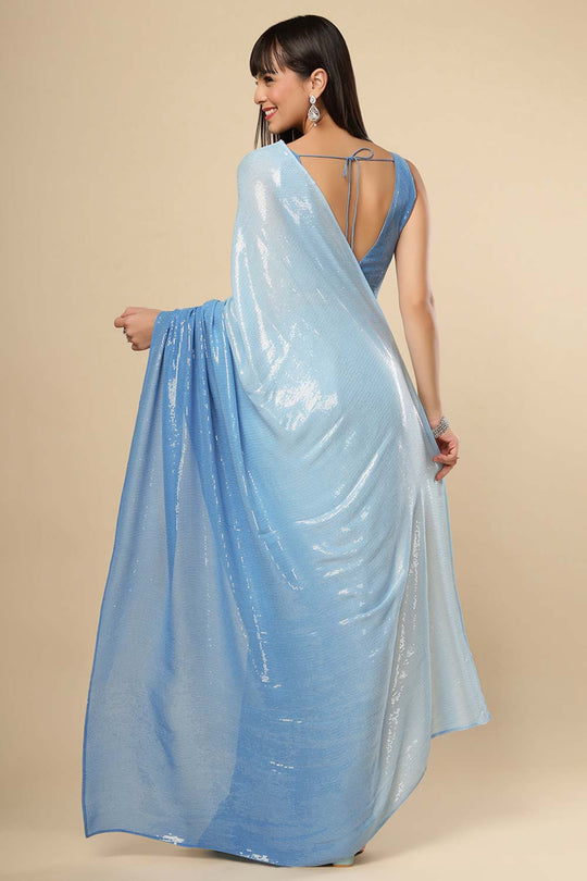 Elsie Blue Georgette Ombre Sequins Ready to Wear One Minute Saree