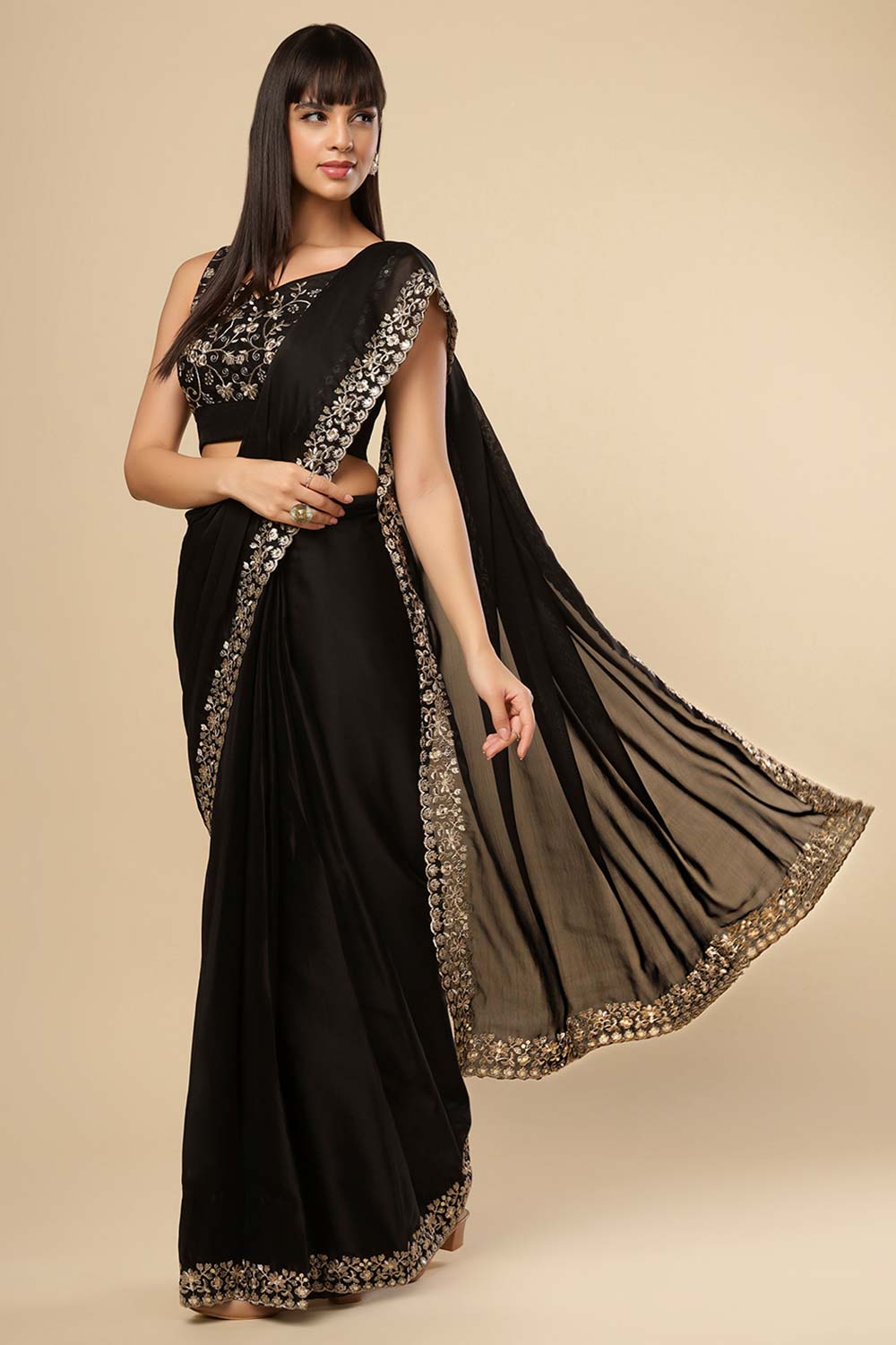 Mayuri Black Crepe Silk Zari Border Ready to Wear One Minute Saree