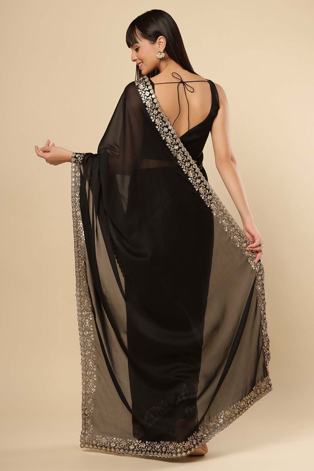 Mayuri Black Crepe Silk Zari Border Ready to Wear One Minute Saree