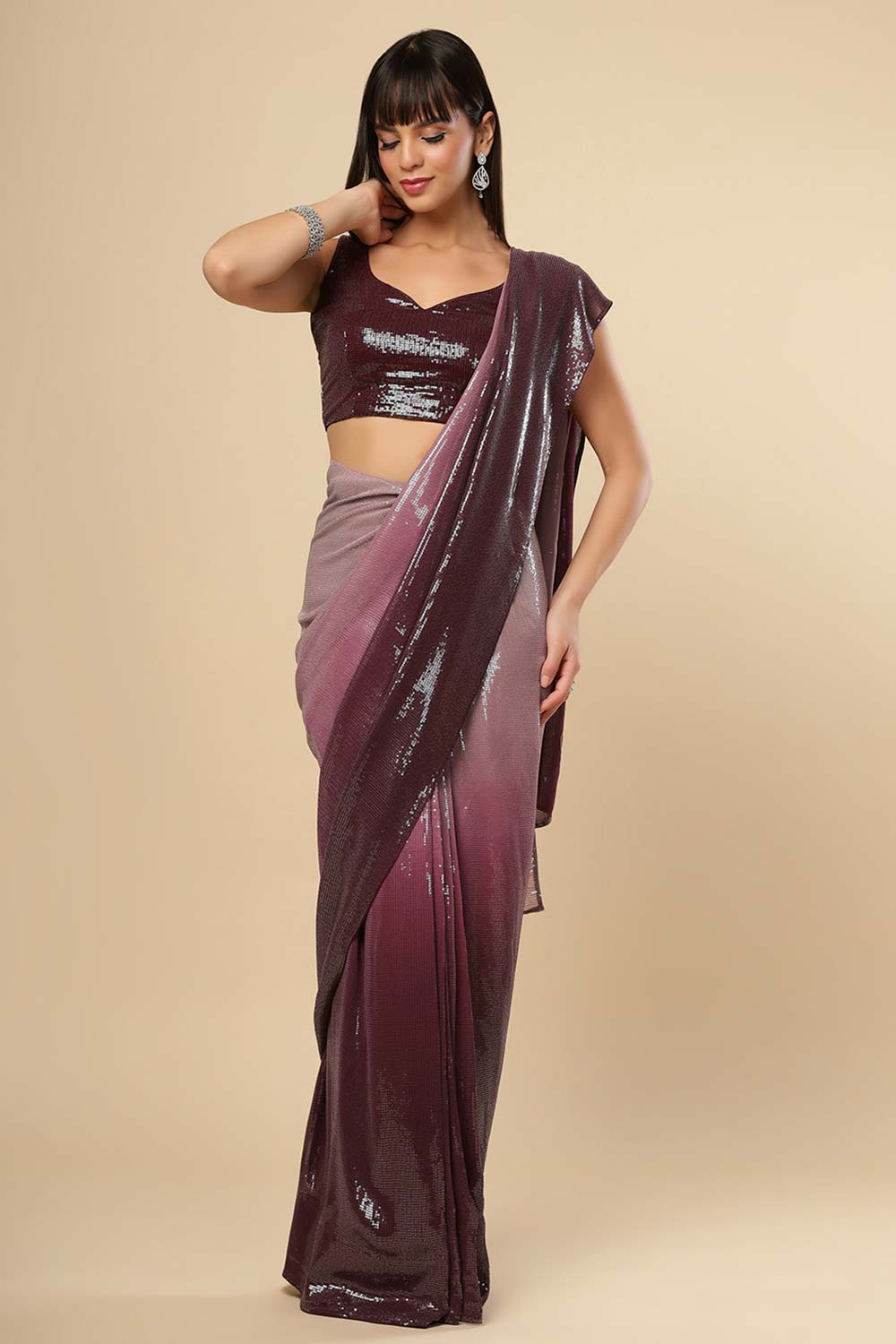 Kendra Wine Georgette Ombre Sequins Ready to Wear One Minute Saree