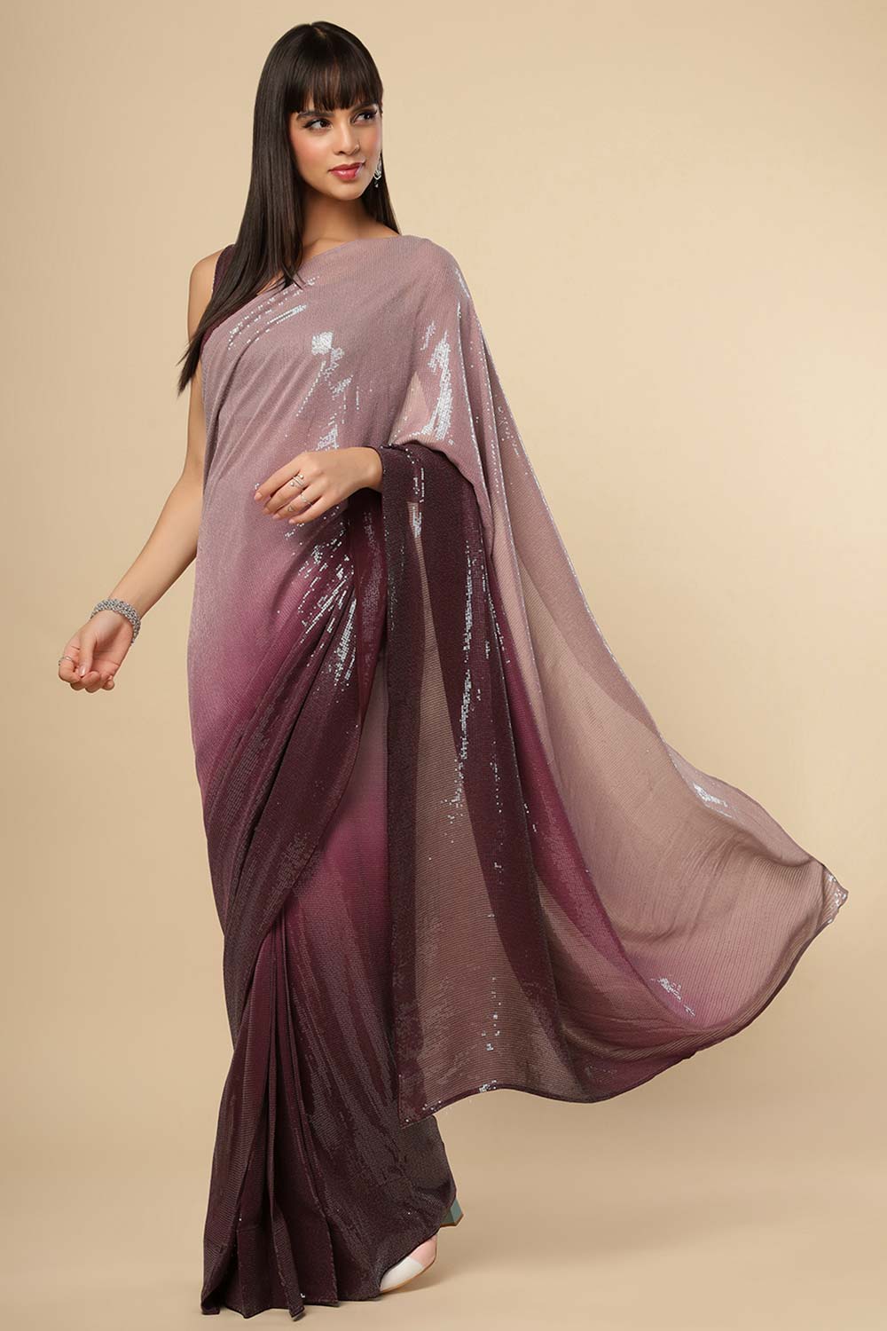 Kendra Wine & Redwood Ombre Sequins One Minute Saree