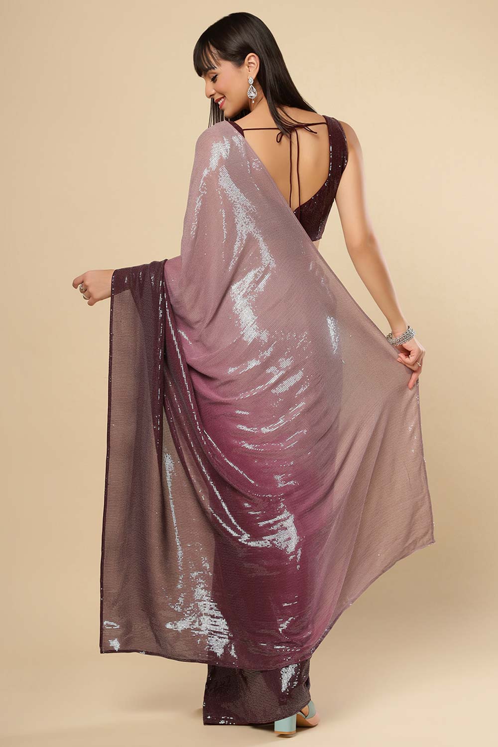 Kendra Wine Georgette Ombre Sequins Ready to Wear One Minute Saree