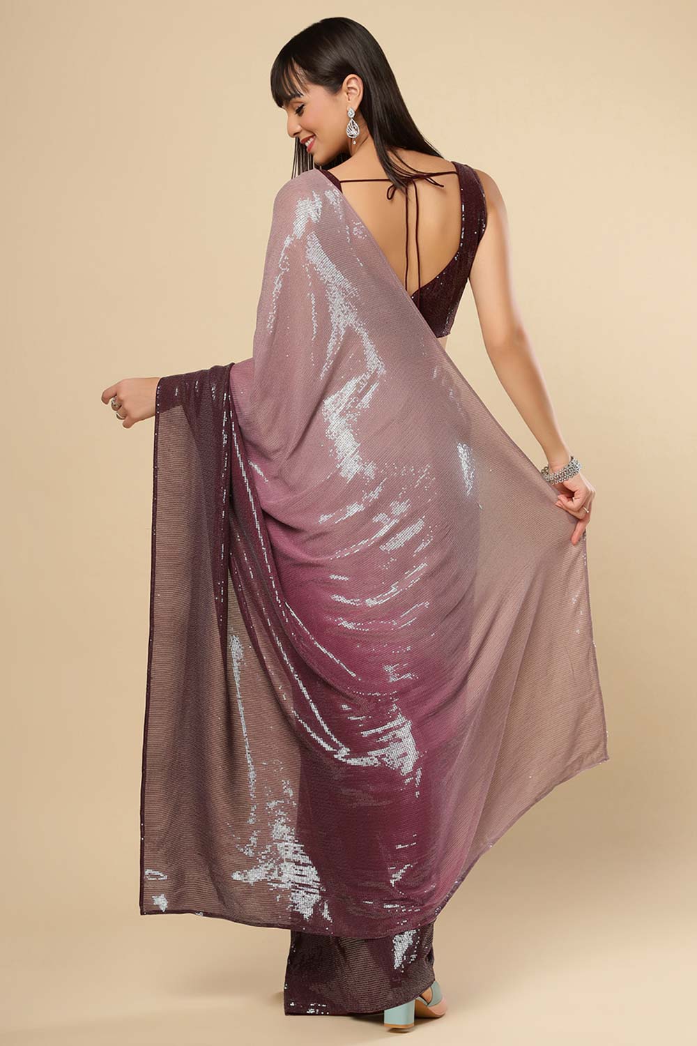 Kendra Wine & Redwood Ombre Sequins One Minute Saree