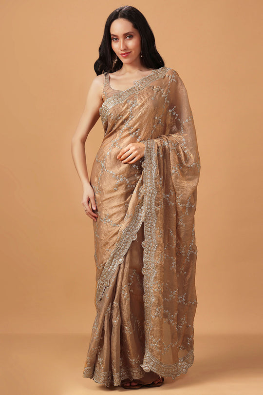 Chloe Beige Paper Silk Gold Sequins Party Wear Ready to Wear Saree