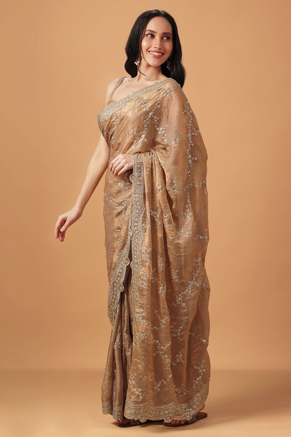 Chloe Beige Paper Silk Gold Sequins Party Wear Ready to Wear Saree