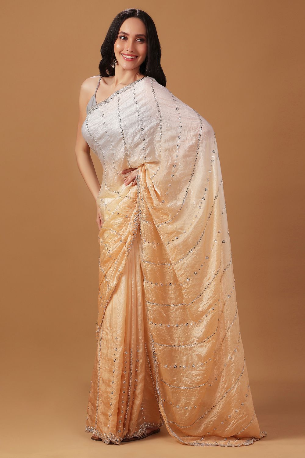 Jacqui Cream &amp; Beige Ombre Paper Silk Sequins Work Designer Ready to Wear Saree