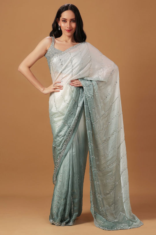 Jacqui White &amp; Grey Ombre Paper Silk Sequins Work Designer Ready to Wear Saree