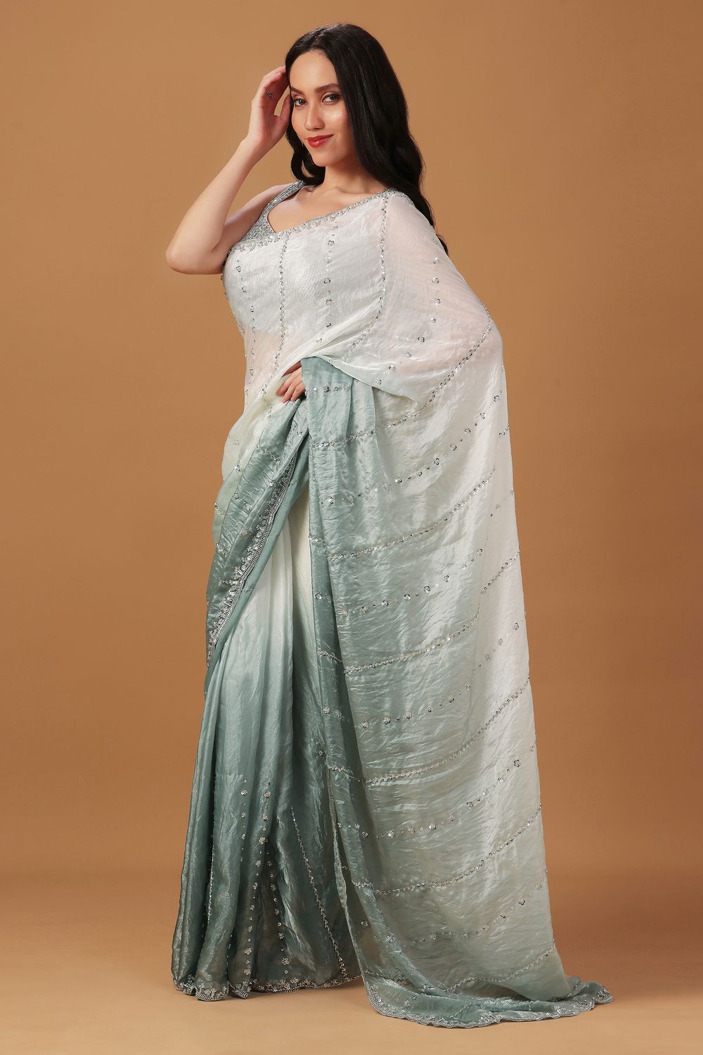 Jacqui White & Grey Ombre Paper Silk Sequins Work Designer Ready to Wear Saree