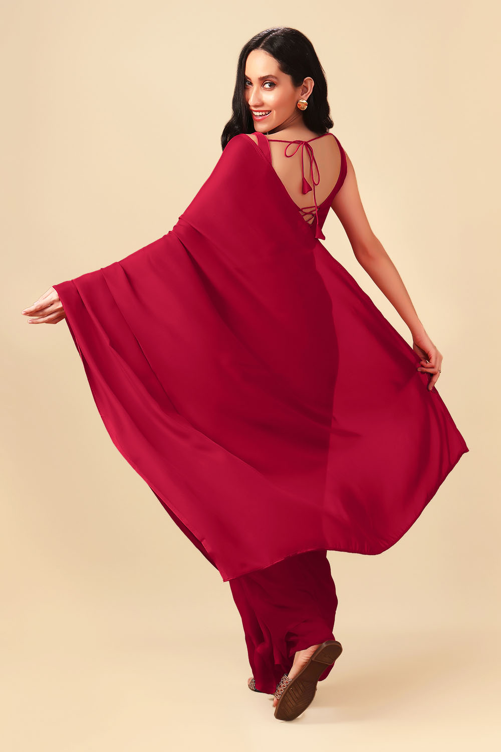 Riva Red Monochrome Crepe Silk Ready to Wear Saree
