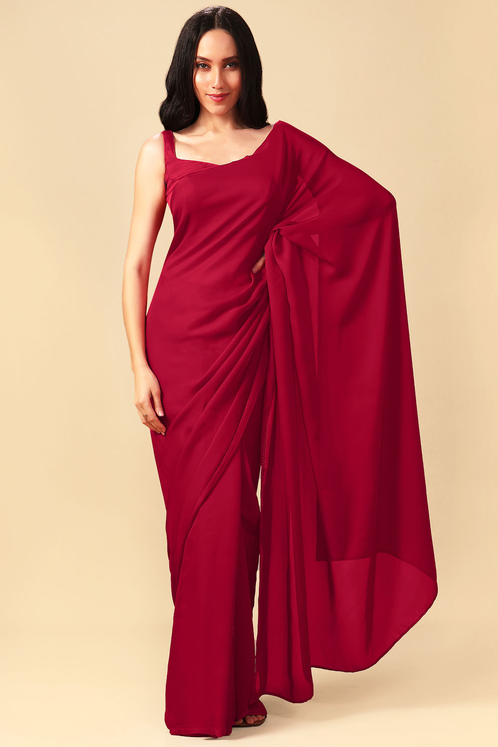 Riva Red Monochrome Crepe Silk Ready to Wear Saree