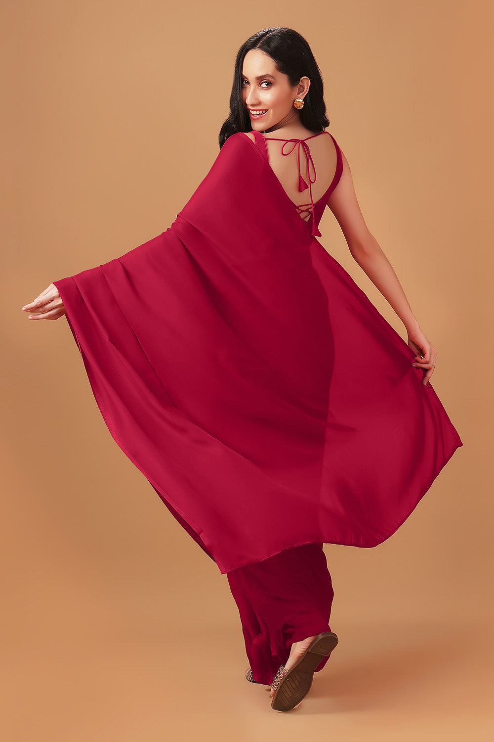 Riva Red Monochrome Crepe Silk Ready to Wear Saree