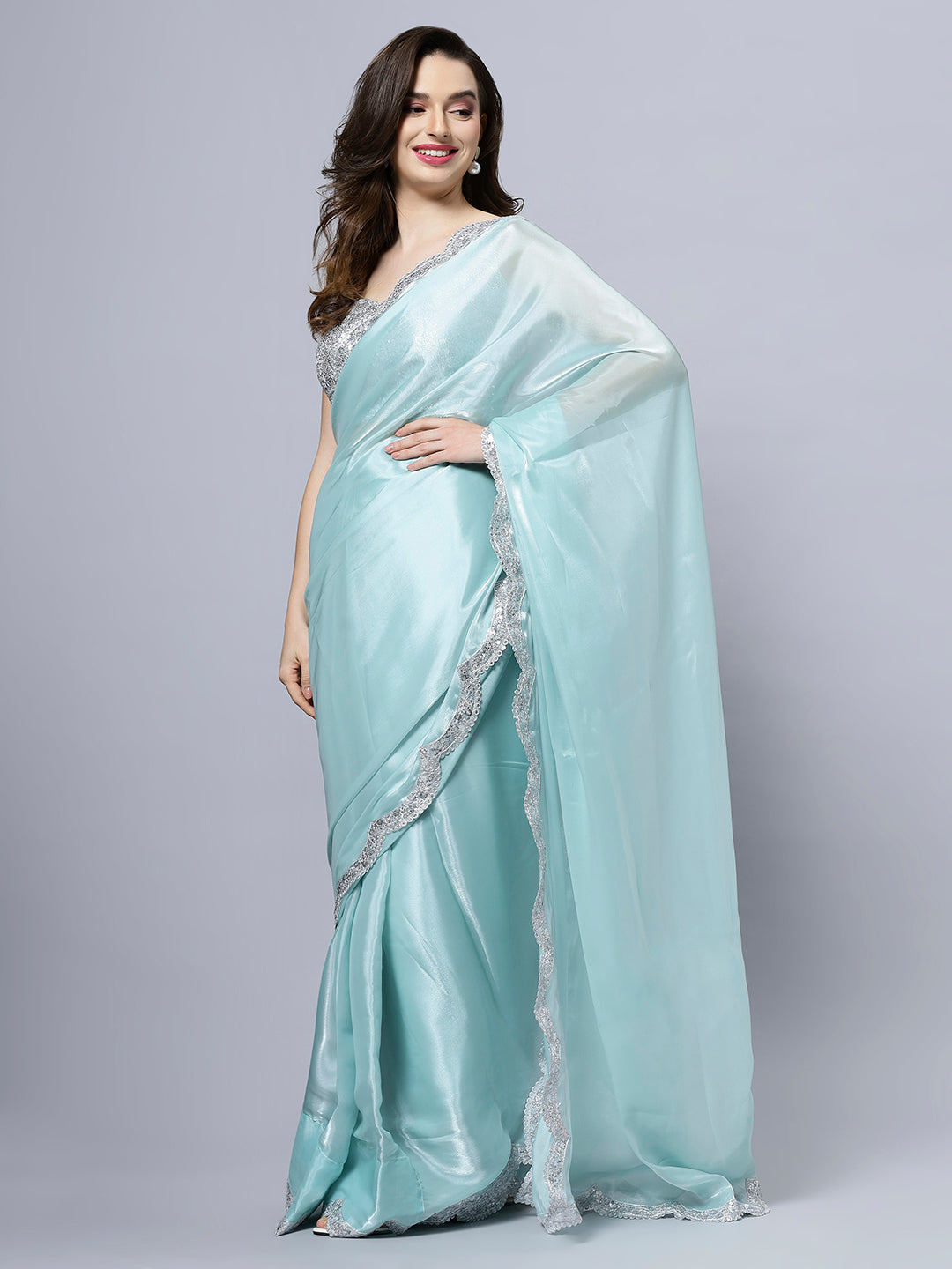 Benoite Blue Organza Scallop Border Ready to Wear One Minute Saree