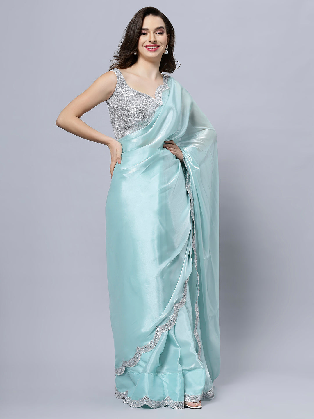 Benoite Blue Organza Scallop Border Ready to Wear One Minute Saree