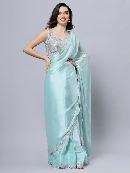 Benoite Blue Organza Scallop Border Ready to Wear One Minute Saree