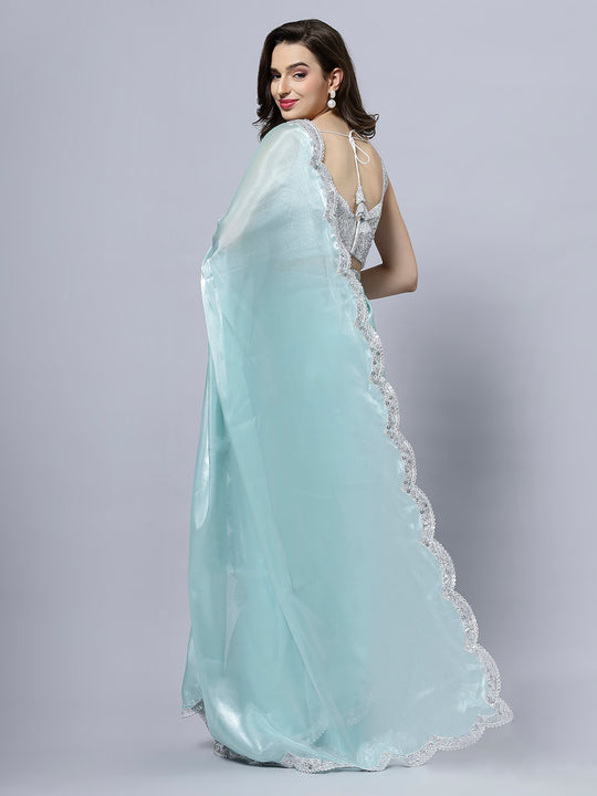 Benoite Blue Organza Scallop Border Ready to Wear One Minute Saree