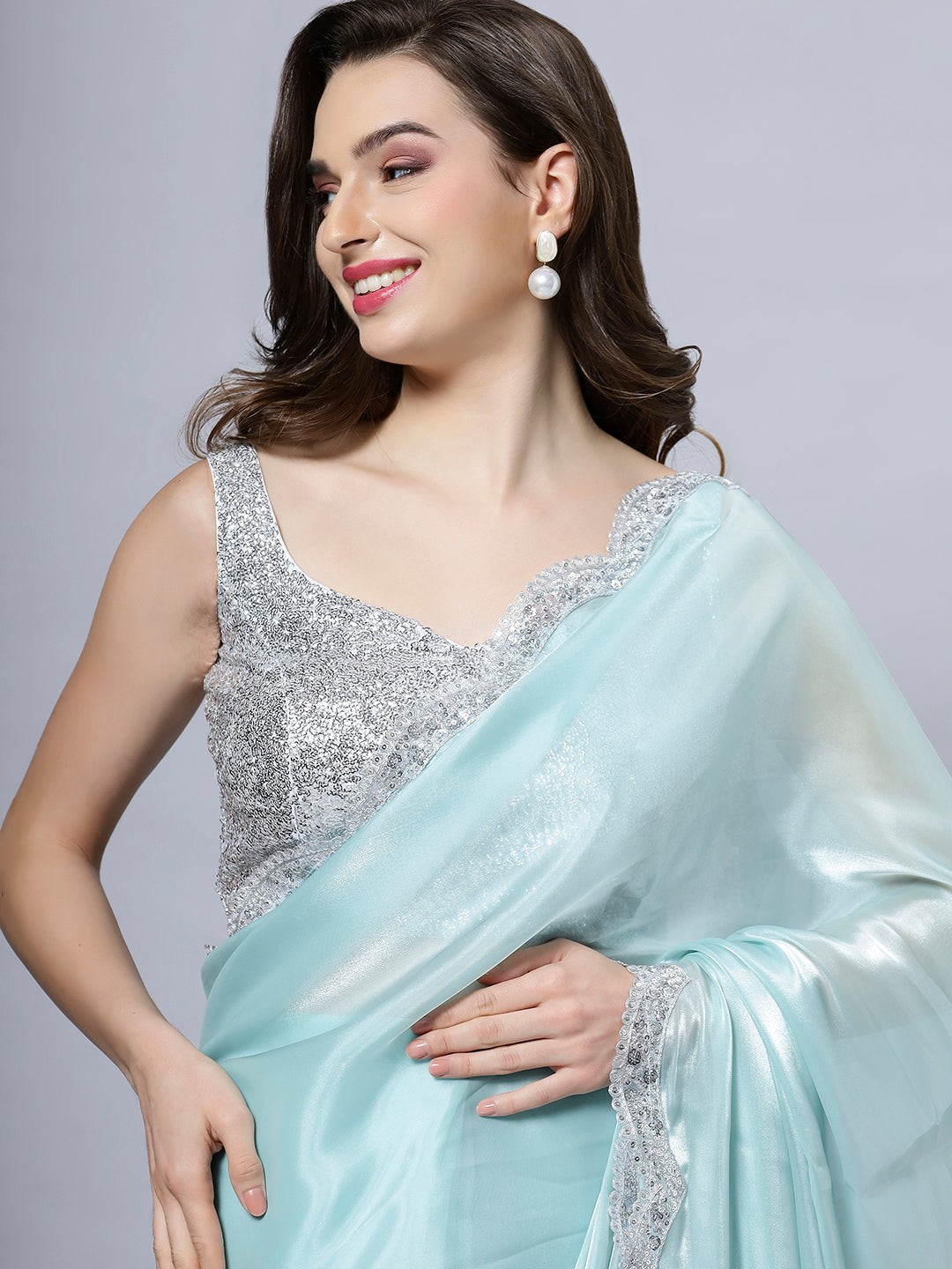 Benoite Blue Organza Scallop Border Ready to Wear One Minute Saree