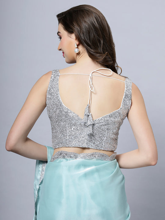 Benoite Blue Organza Scallop Border Ready to Wear One Minute Saree