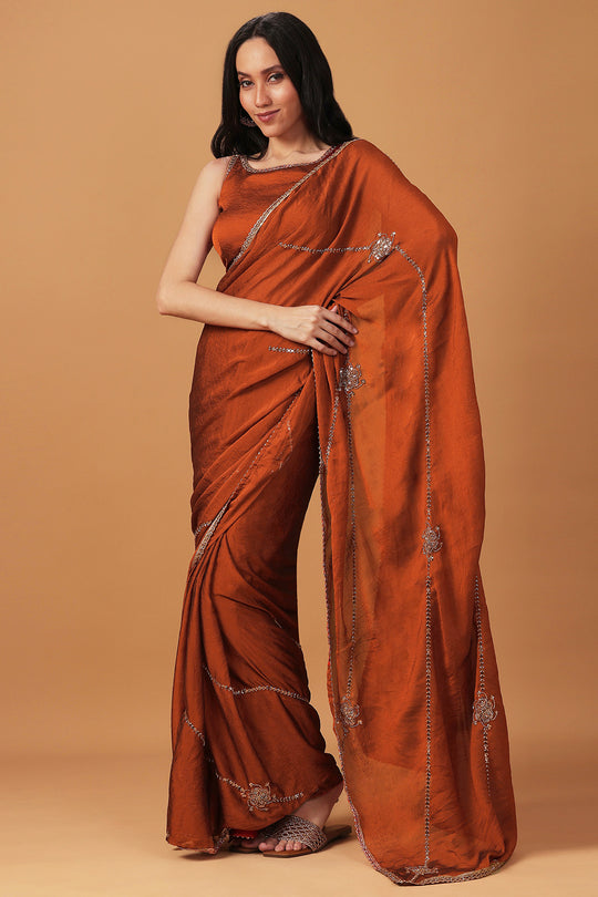 Siyara Rust Crepe Handwork Embellished Ready to Wear Saree