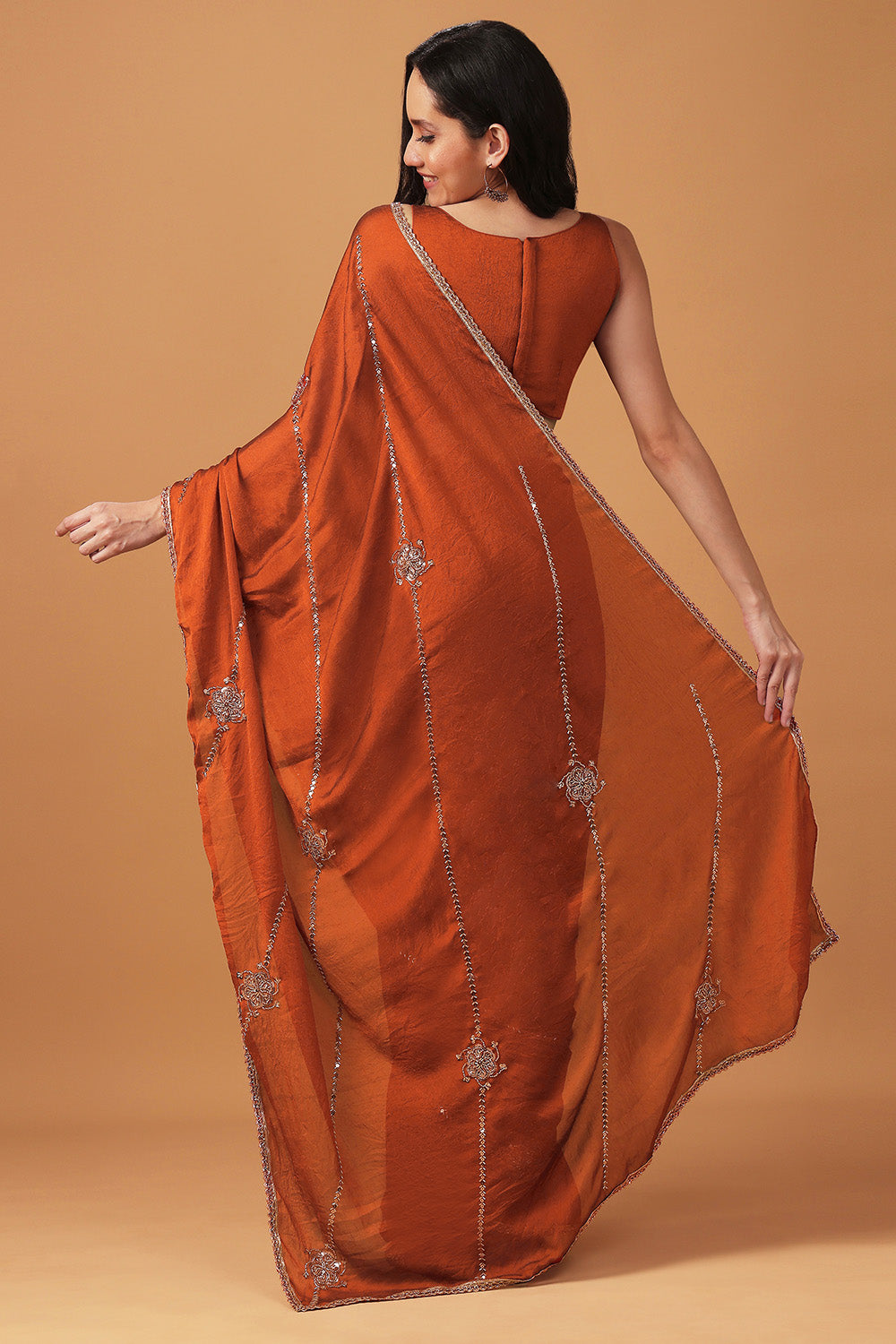 Siyara Rust Crepe Handwork Embellished Ready to Wear Saree