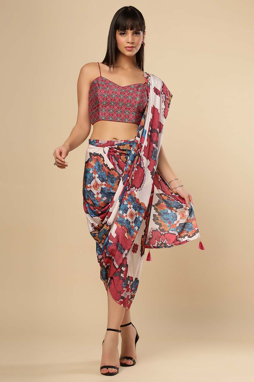 Kriss White Multi Kantha Digital Print Crepe Silk Sarong Saree