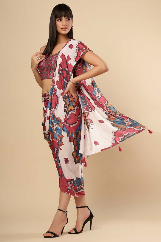 Kriss White Multi Kantha Digital Print Crepe Silk Sarong Saree