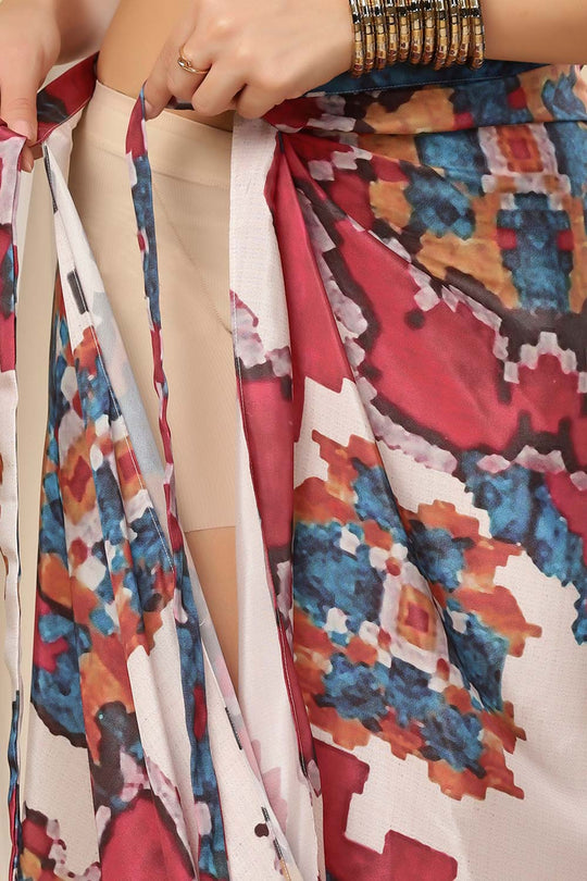 Kriss White Multi Kantha Digital Print Crepe Silk Sarong Saree