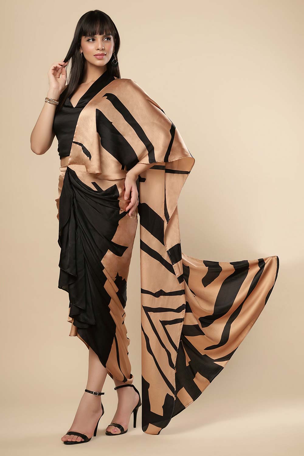 Tesha Camel & Black Satin Silk Sarong Saree