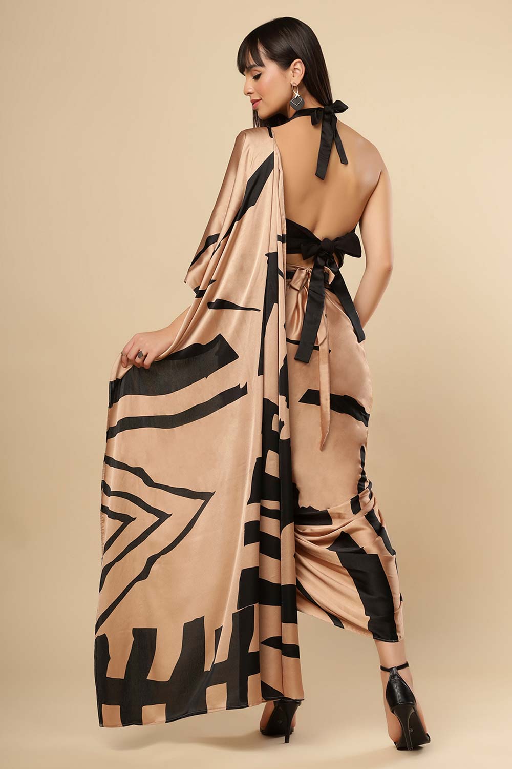 Tesha Camel & Black Satin Silk Sarong Saree