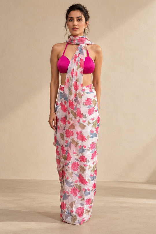 Iris White Pink Organza Lotus Floral Print Pre-Draped Saree
