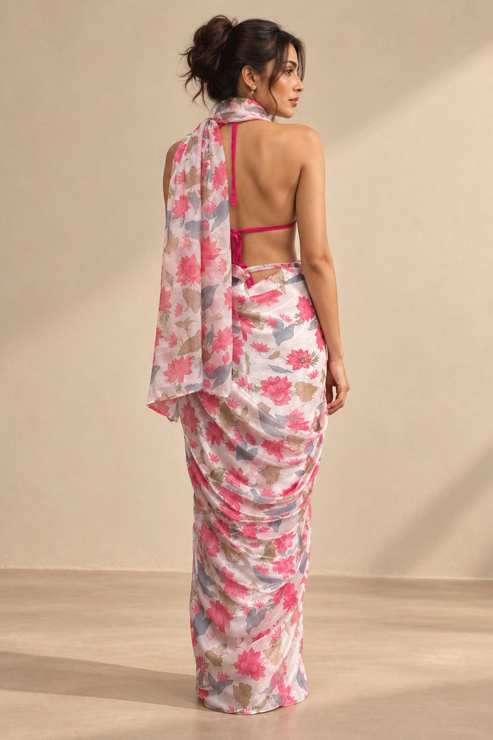 Iris White Pink Organza Lotus Floral Print Pre-Draped Saree
