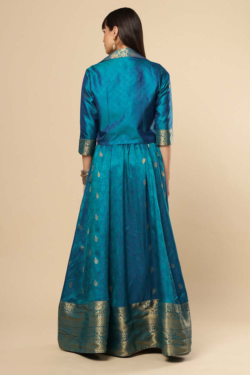 Adina Blue Silk Foil Print Lace Adjustable Waist Ethnic Saree Skirt