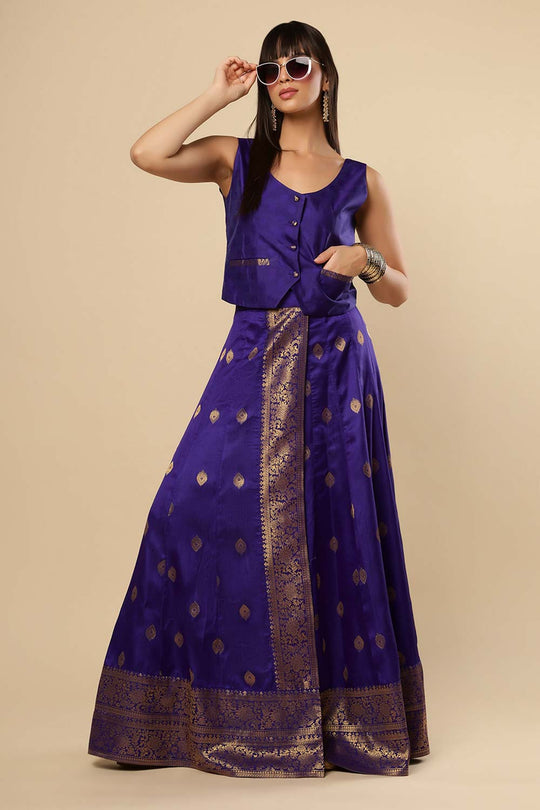 Afra Navy Blue Moss Weave Silk Wrap Around Ethnic Saree Skirt