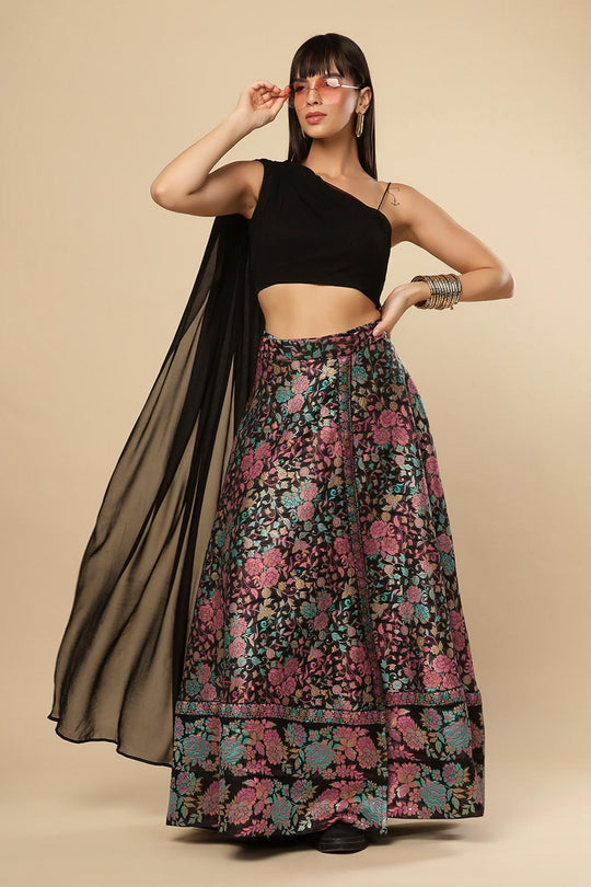 Therese Black Art Silk Floral Wrap Around Ethnic Saree Skirt