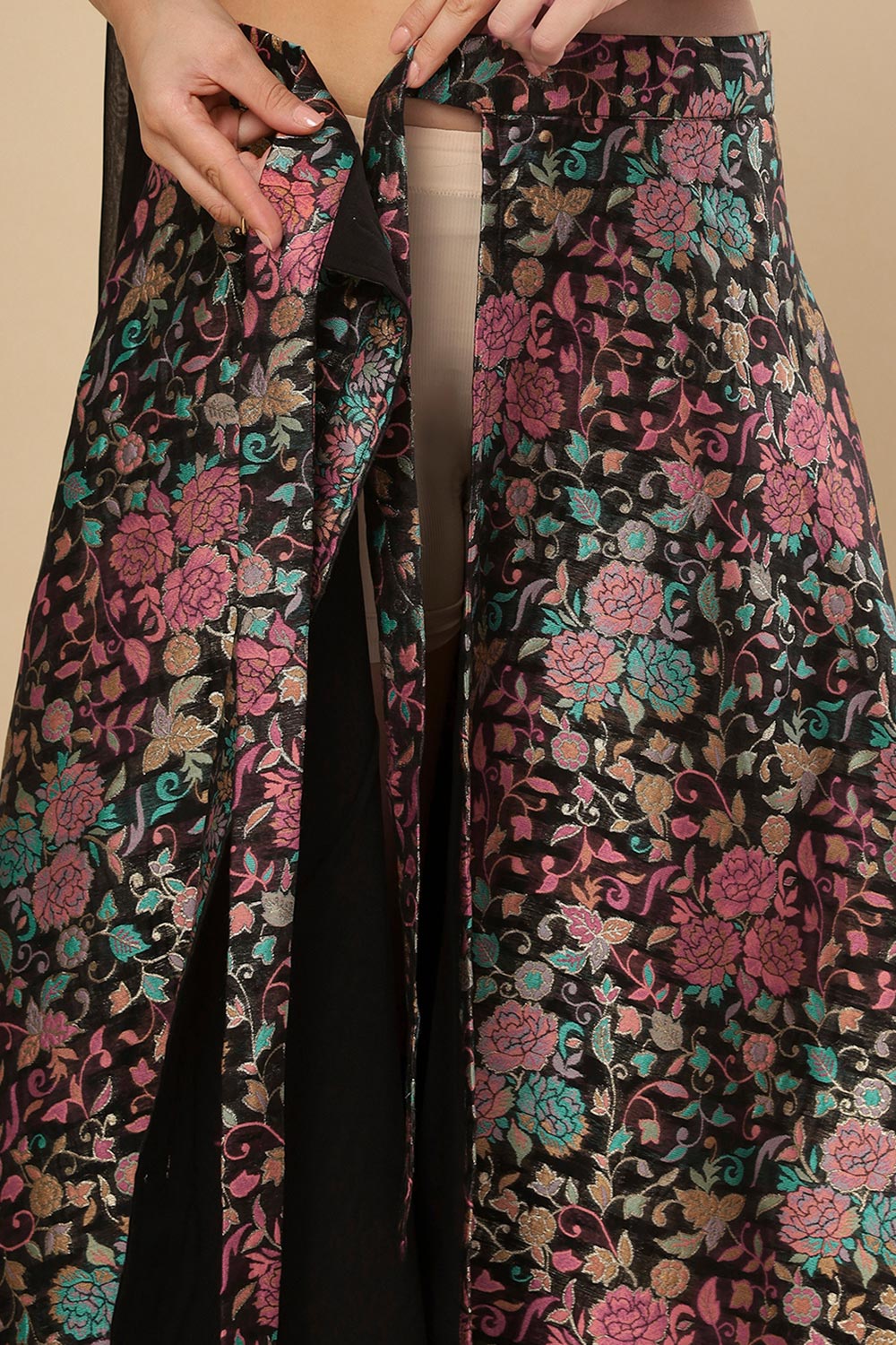 Therese Black Art Silk Floral Wrap Around Ethnic Saree Skirt