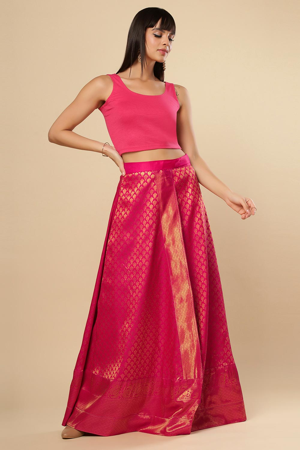 Gauri Pink Silk Blend Floral Banarasi Wrap Around Ethnic Saree Skirt