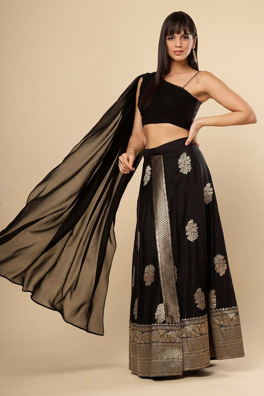 Hibana Black Banarasi Silk Wrap Around Ethnic Saree Skirt